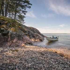 a boat on a lake by the shore